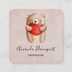 Cute Teddy Bear Carrying a Red Heart Square Business Card