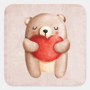 Cute Teddy Bear Carrying a Red Heart Square Sticker