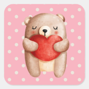 Cute Teddy Bear Carrying a Red Heart Square Sticker
