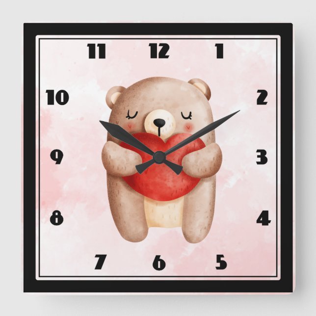 Cute Teddy Bear Carrying a Red Heart Square Wall Clock (Front)