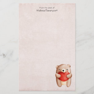 Cute Teddy Bear Carrying a Red Heart Stationery