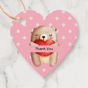 Cute Teddy Bear Carrying a Red Heart Thank You Favour Tags