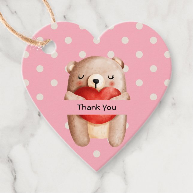 Cute Teddy Bear Carrying a Red Heart Thank You Favour Tags (Front)