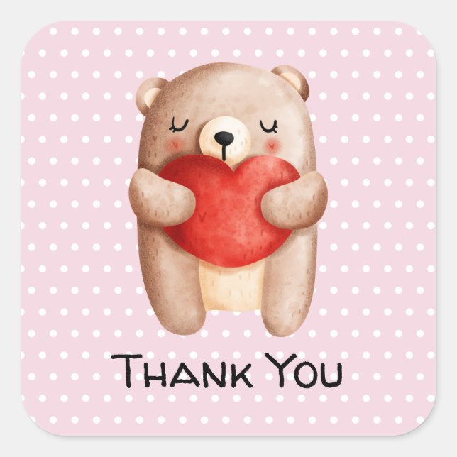 Cute Teddy Bear Carrying a Red Heart Thank You Square Sticker (Front)