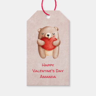 Cute Teddy Bear Carrying a Red Heart Valentine's Gift Tags