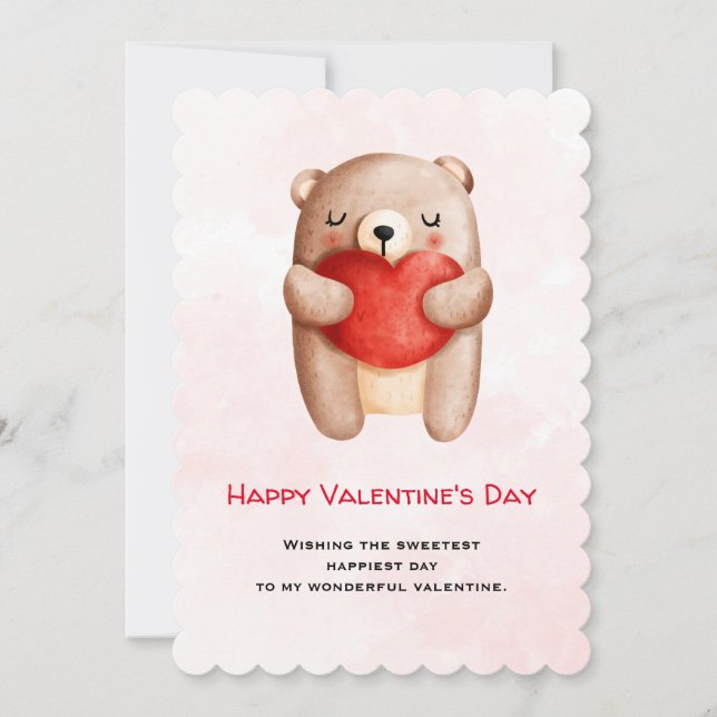 Cute Teddy Bear Carrying a Red Heart Valentine's Holiday Card (Front)