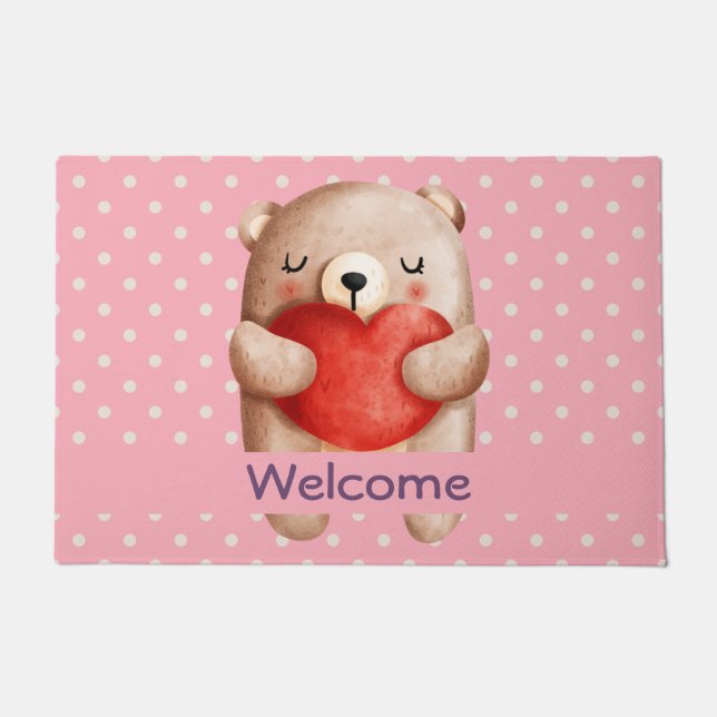 Cute Teddy Bear Carrying a Red Heart Welcome Doormat (Front)