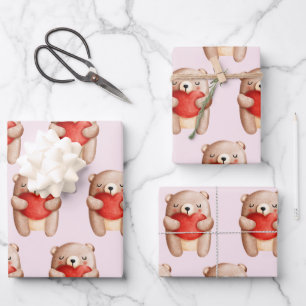 Cute Teddy Bear Carrying a Red Heart Wrapping Paper Sheet