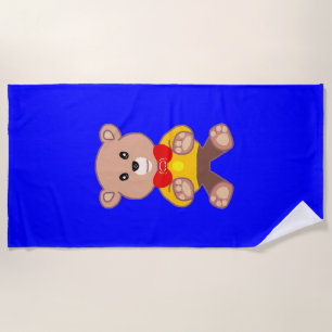 Cute Teddy Bear Cartoon Character on Blue Beach Towel