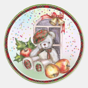 Cute Teddy Bear Christmas Bell Confetti Holiday Classic Round Sticker
