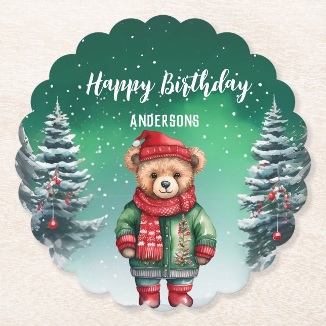 Cute teddy bear Christmas tree birthday girl party Paper Coaster (Front)