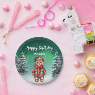 Cute teddy bear Christmas tree birthday girl party Paper Plate
