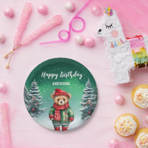 Cute teddy bear Christmas tree birthday girl party Paper Plate