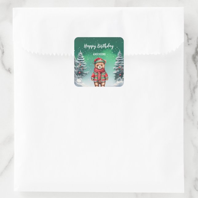 Cute teddy Bear Christmas tree birthday girl party Square Sticker (Bag)