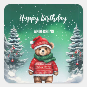 Cute teddy Bear Christmas tree birthday girl party Square Sticker