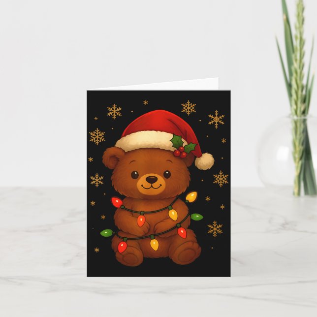 Cute Teddy Bear Christmas Tree Lights Santa Hat Fu Card (Front)