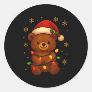 Cute Teddy Bear Christmas Tree Lights Santa Hat Fu Classic Round Sticker