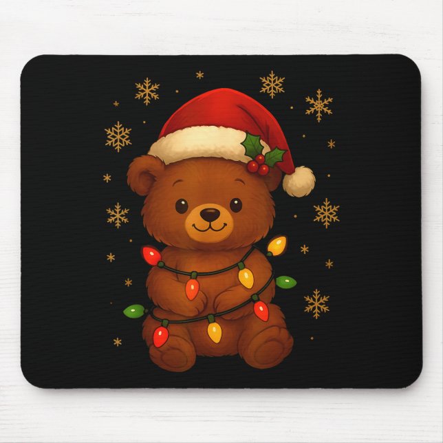 Cute Teddy Bear Christmas Tree Lights Santa Hat Fu Mouse Mat (Front)