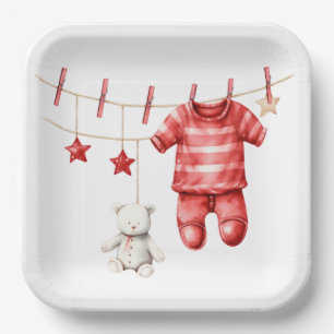 Cute Teddy Bear Clothesline Red Baby Shower Paper Plate