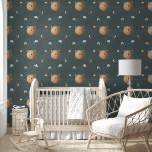 Cute Teddy Bear Clouds Davy Grey Dreamy Nursery  Wallpaper