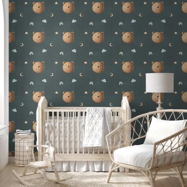 Cute Teddy Bear Clouds Davy Grey Dreamy Nursery  Wallpaper (Kids)