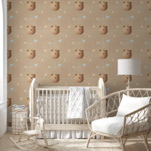Cute Teddy Bear Clouds Light Brown Dreamy Nursery  Wallpaper