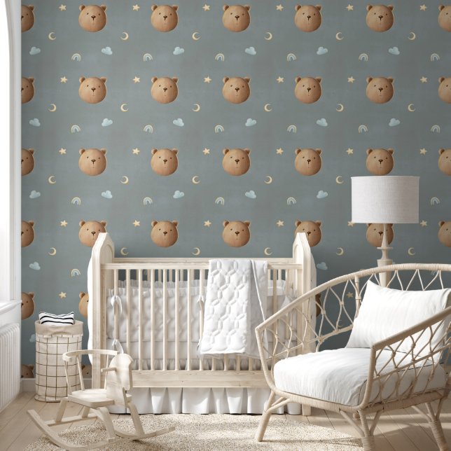 Cute Teddy Bear Clouds Rainbow Dreamy Nursery  Wallpaper (Kids)