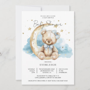 Cute Teddy Bear Clouds Stars Moon Baby Shower Invitation