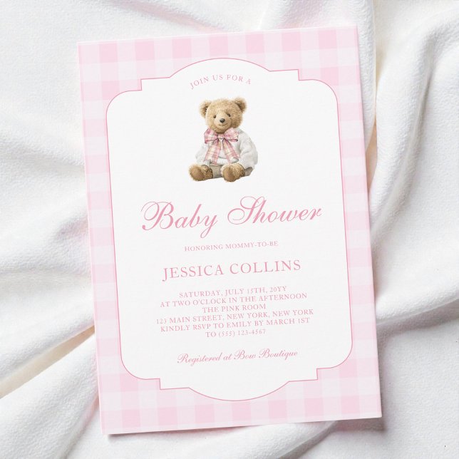 Cute Teddy Bear Coquette Bow Pink Girl Baby Shower Invitation (Cute Teddy Bear Coquette Bow Pink Girl Baby Shower Invitation)