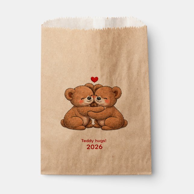 Cute Teddy Bear Couple in Love – Embroidered Style Favour Bags (Front)