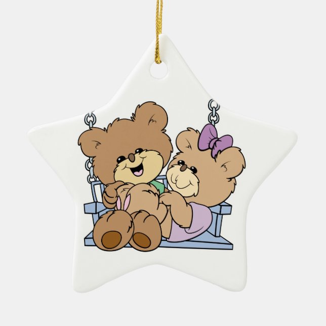 cute teddy bear couple romance on bench swing ceramic tree decoration (Front)