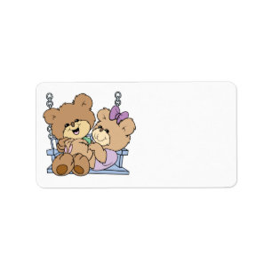 cute teddy bear couple romance on bench swing label
