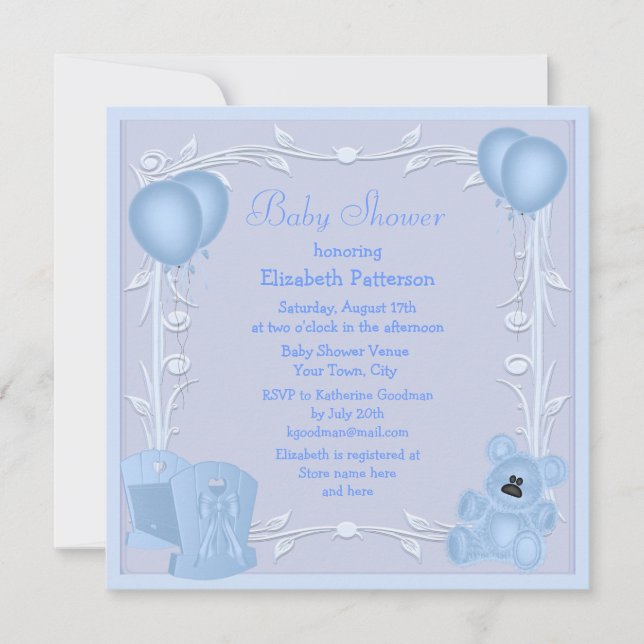 Cute Teddy Bear & Crib Blue Baby Shower Invite (Front)