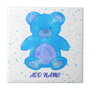 Cute Teddy Bear Custom Text Blue Tile