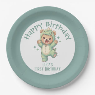 Cute Teddy Bear Dinosaur 1st Birthday Dino Bear Paper Plate