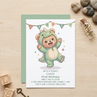 Cute Teddy Bear Dinosaur | Dino Bear 1st Birthday Invitation
