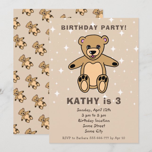 Cute Teddy Bear Drawing Beige Boy Girl Birthday  Invitation (Front/Back)