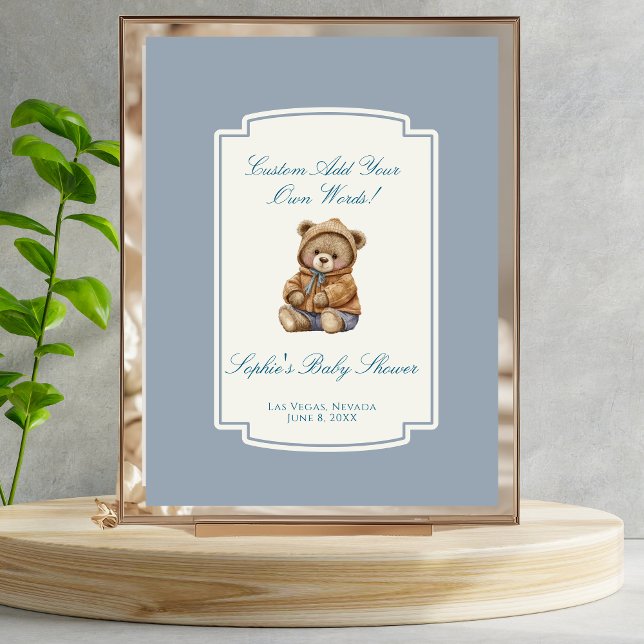 Cute Teddy Bear Dusty Blue Custom Baby Shower Sign (Creator Uploaded)