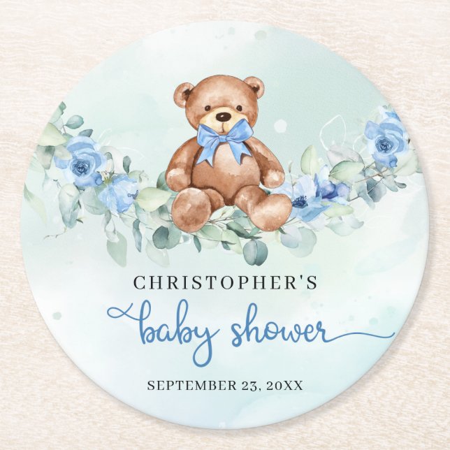Cute Teddy bear dusty blue flowers eucalyptus Round Paper Coaster (Front)