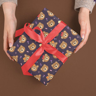 Cute Teddy Bear Face Pattern Autumn   Purple Wrapping Paper