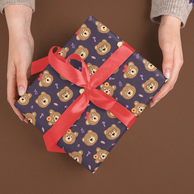 Cute Teddy Bear Face Pattern Autumn | Purple Wrapping Paper (Creator Uploaded)
