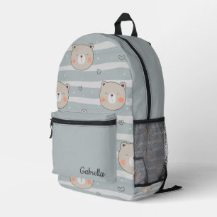 Cute Teddy Bear Faces, Hearts and Stripes  Printed Backpack