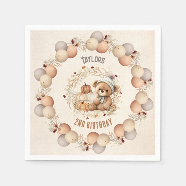 Cute Teddy Bear Fall Birthday Boy Paper Napkins (Front)