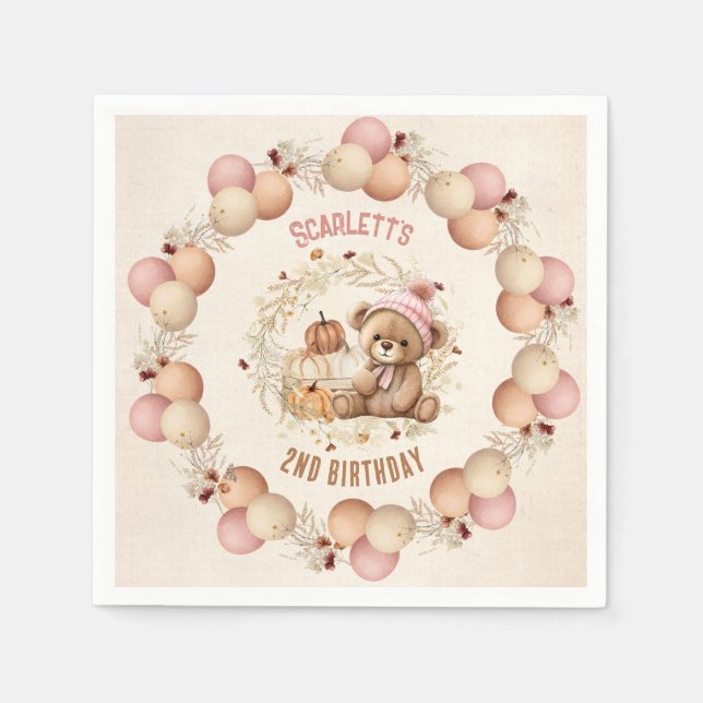 Cute Teddy Bear Fall Birthday Girl Paper Napkins (Front)