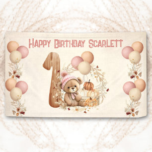 Cute Teddy Bear Fall Girl Pink Beary 1st Birthday Banner