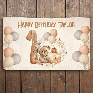 Cute Teddy Bear Fall Pumpkins Beary 1st Birthday Banner