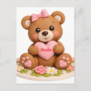Cute Teddy Bear Figurine with Name Heart Holiday Postcard