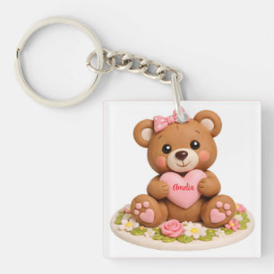Cute Teddy Bear Figurine with Name Heart Key Ring
