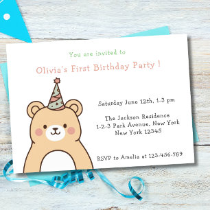 Cute Teddy Bear First Birthday Party Invitation