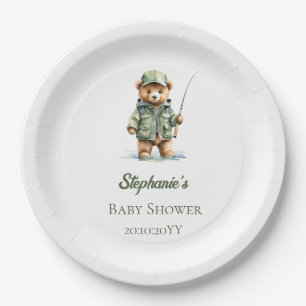Cute Teddy Bear Fisherman Oh Boy Baby Shower Paper Plate